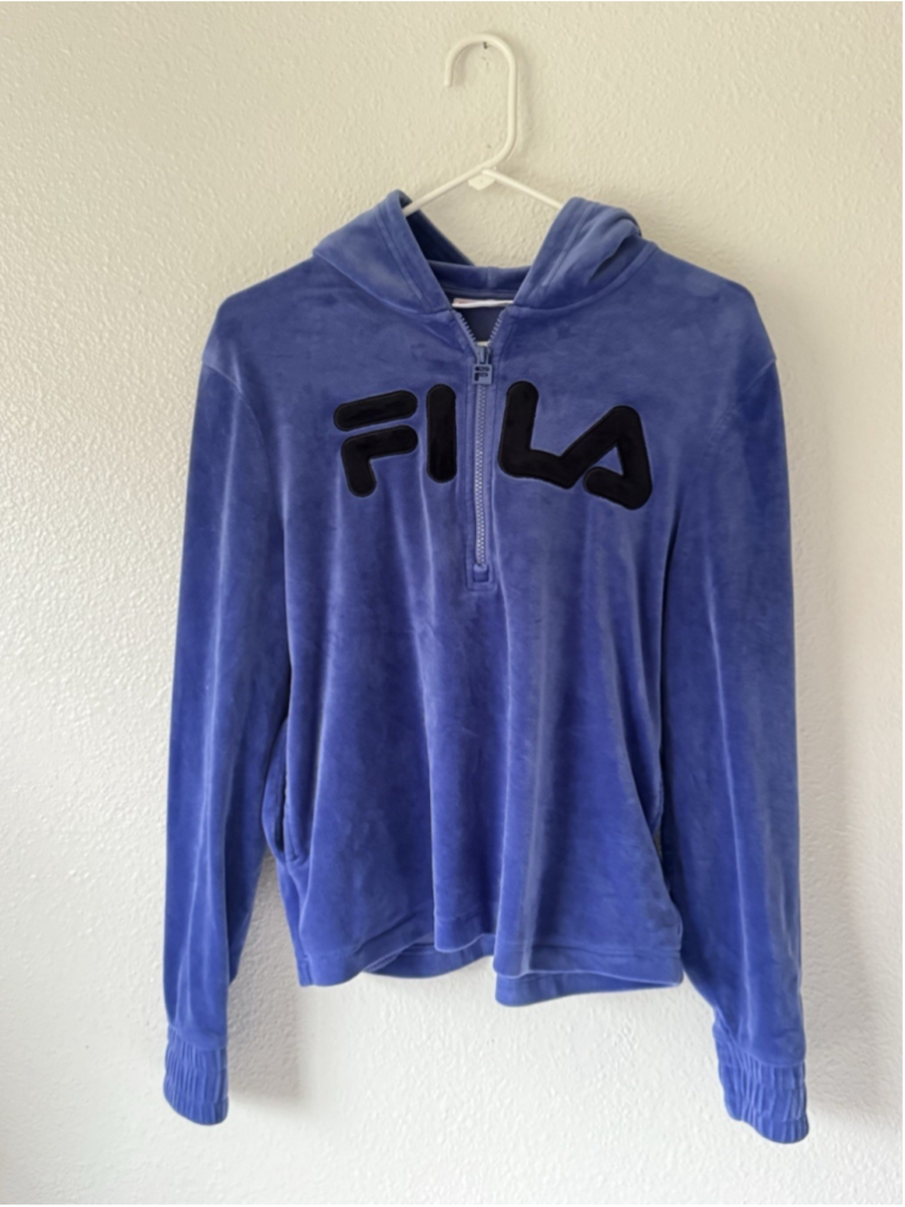 Vintage FILA Velour Half Zip Hoodie Purple Blue Logo Pullover Women’s Size Small